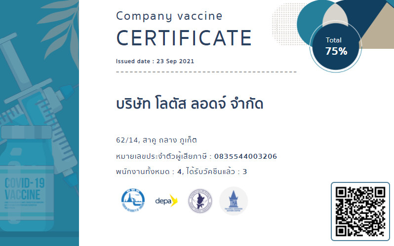Company Vaccine Certificate der Lotus Lodge vom 23. September 2021